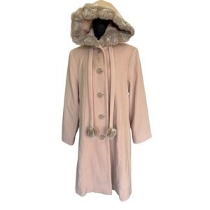 Y2K Dennis Basso Wool Coat Faux Fur Trim Hood Beige Blush Sz S Pom Pom  Tie Glam